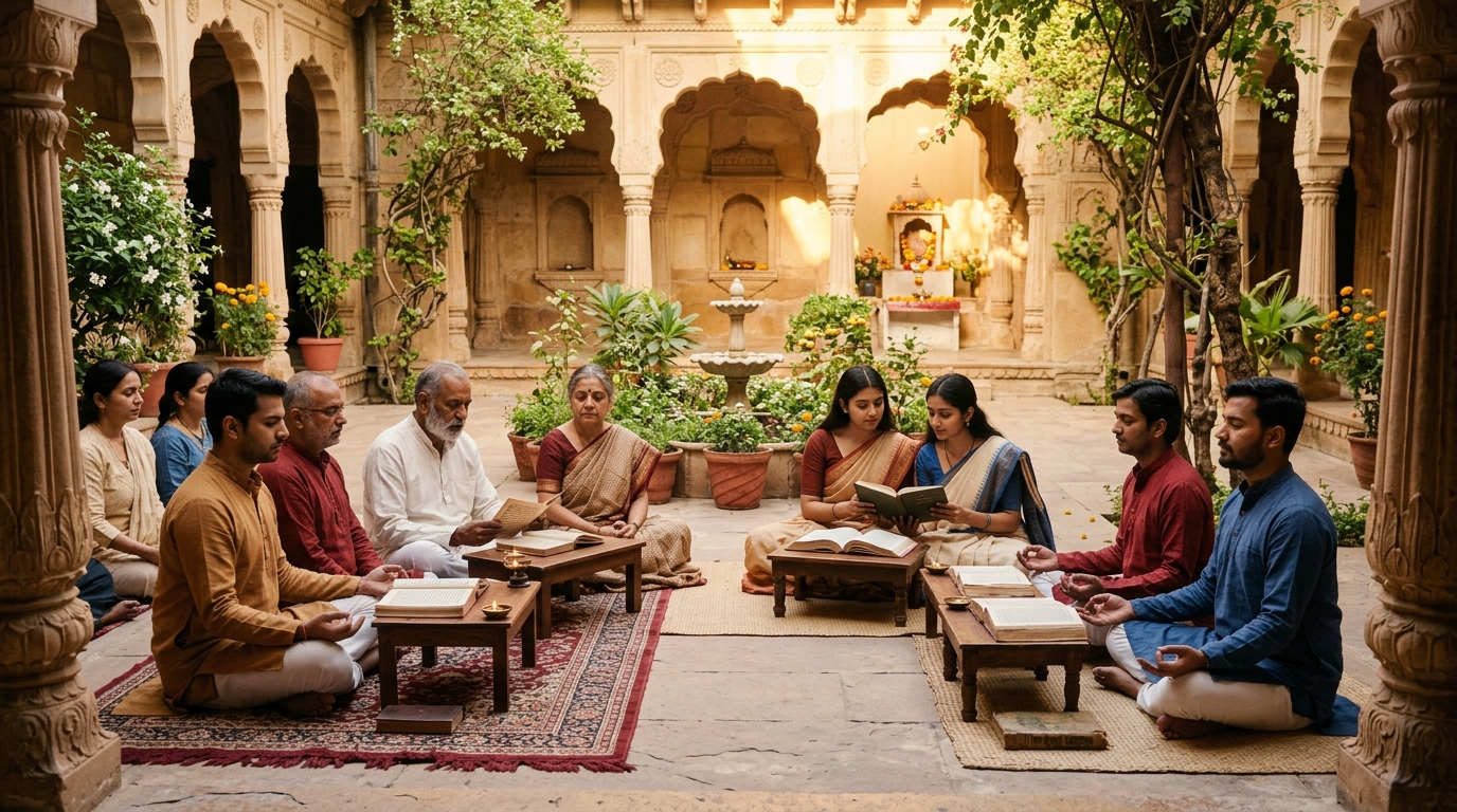 Adults in meditation and philosophical discussion