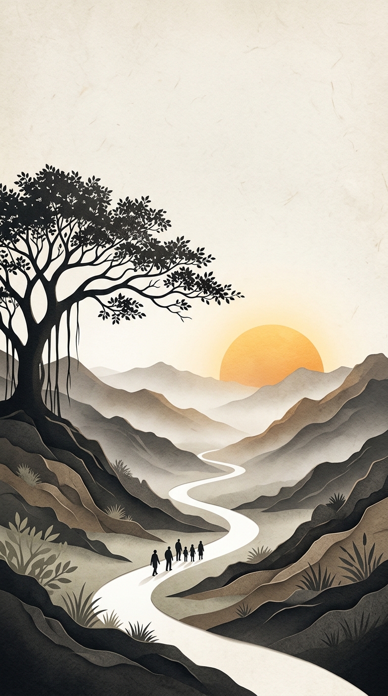 A peaceful winding pathway through layered mountains toward a large glowing golden-orange sun